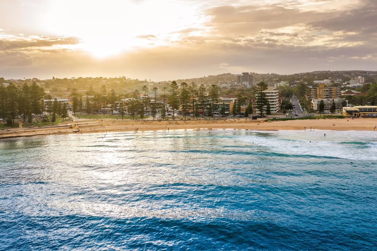 Aerial sunset view over Manly Beach on Sydney's Northern Beaches